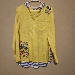 John Mark Embroidered Lg Tunic Blouse Roll Tab Sleeve Linen Blend Classy Festive